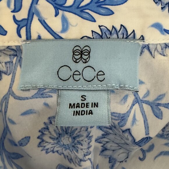 CeCe Women’s Blue White Floral Ruffle belted Midi Dress Size Small 100% Cotton - Picture 10 of 13
